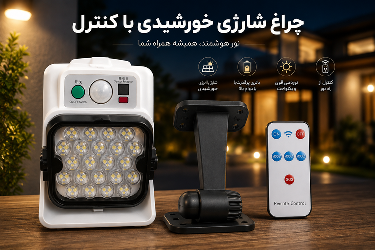 چراغ اضطراری شارژی خورشیدی پایهدار، سنسوردار و کنترلدار